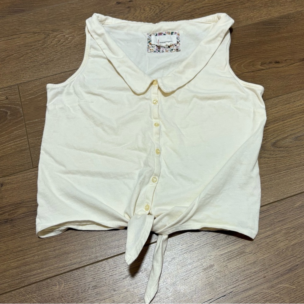 Anthropologie Cream Sleeveless Button-Up Top Peter Pan Collar Small Tie Front